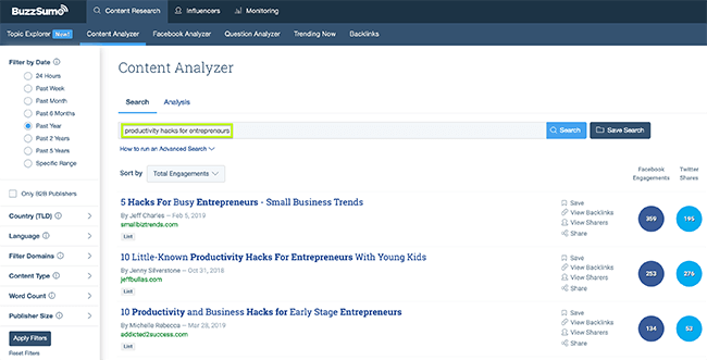 Buzzsumo - use a keyword