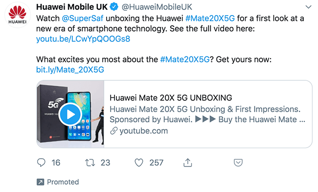 Example of a promoted tweet from Huawei