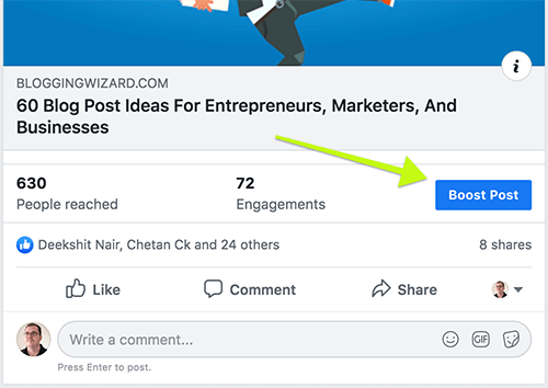 Facebook page showing boost post