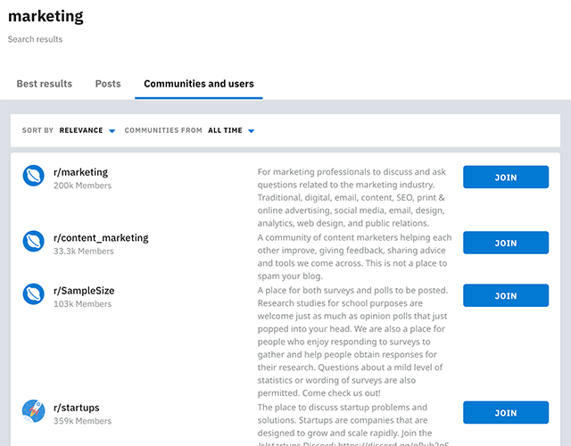 Searching for 'marketing' subreddits