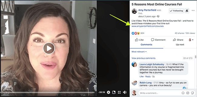 Amy Porterfield uses live videos where she shares actionable tips