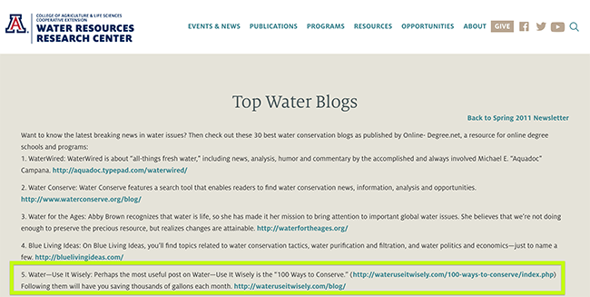 University of Arizona resource page - top water blogs