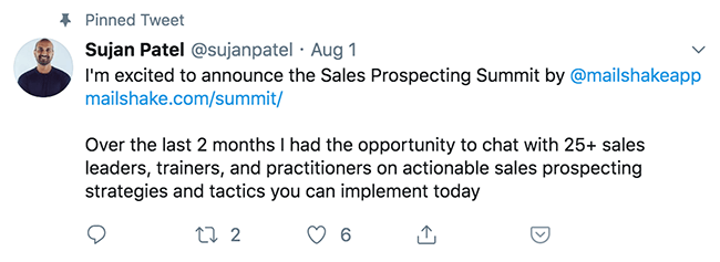 Sujan Patel pinned a tweet linking to a virtual summit