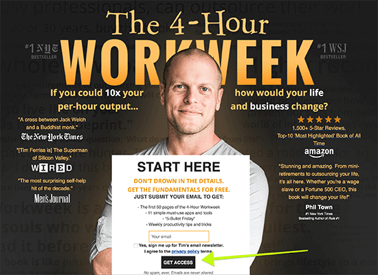 Tim Ferriss uses quotes from leading publications on his landing page