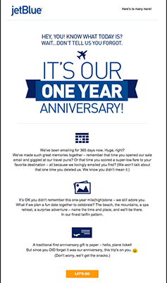 JetBlue product anniversary email