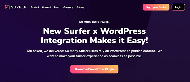 SurferSEO WordPress Integration Homepage