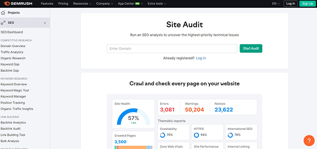 Semrush Site Audit Homepage